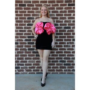 NWOT Miscreants London Black Velvet W/ Pink Poofs Cupid Mini Dress UK 8 / US 4